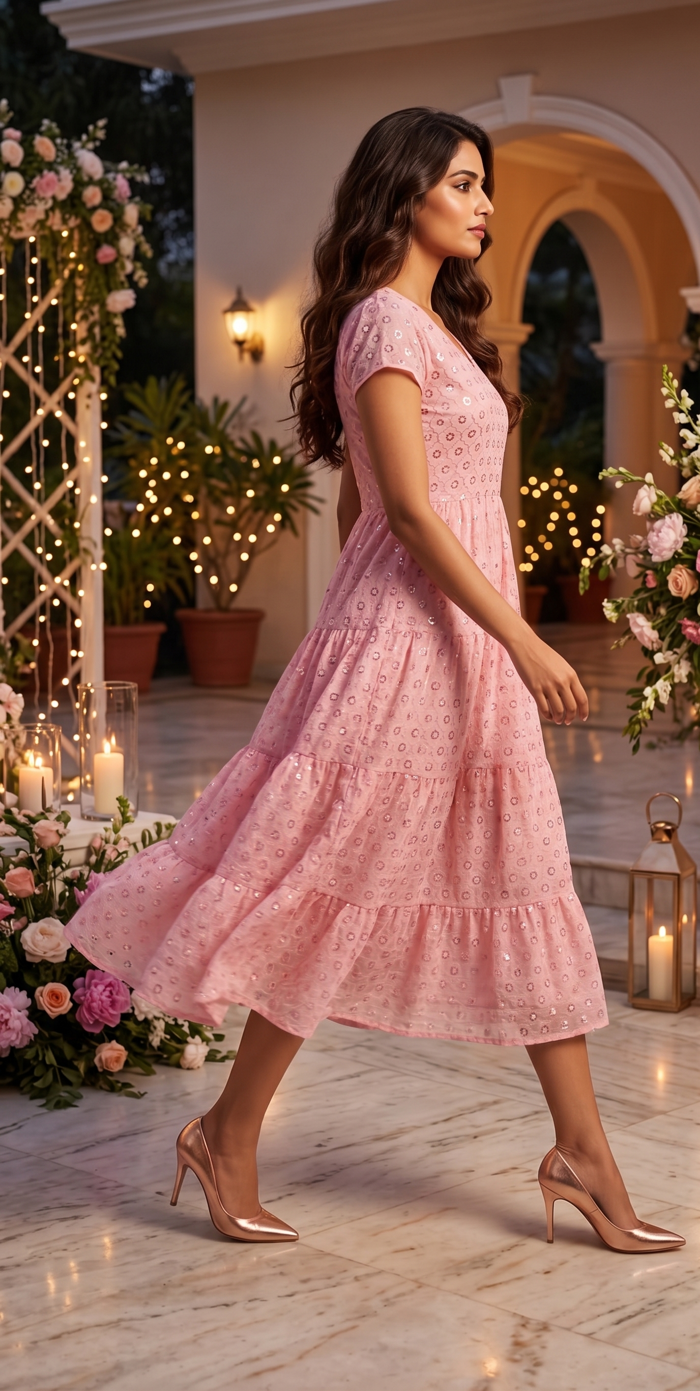 Souchii Pink Sequin Embroidered Fit & Flare Midi Party Dress