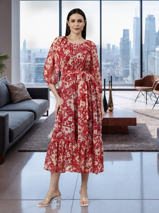 Midi Dress – Red & White Floral Printed A-Line | Souchii