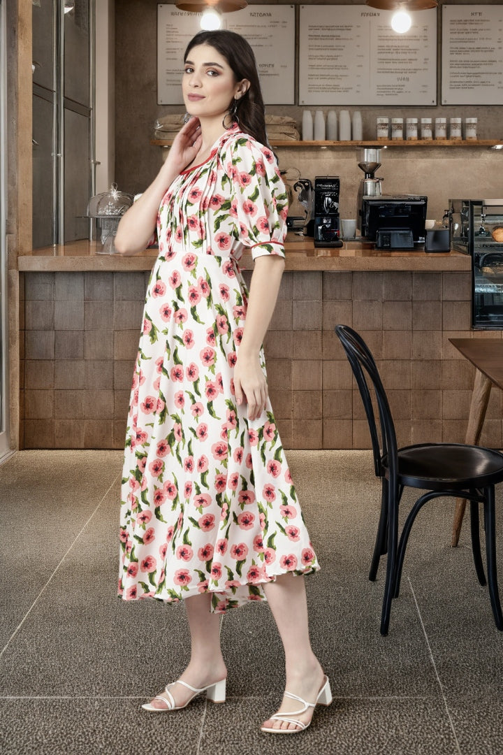 Floral Printed Mandarin Collar Puff Sleeve Fit & flare Dress | Souchii