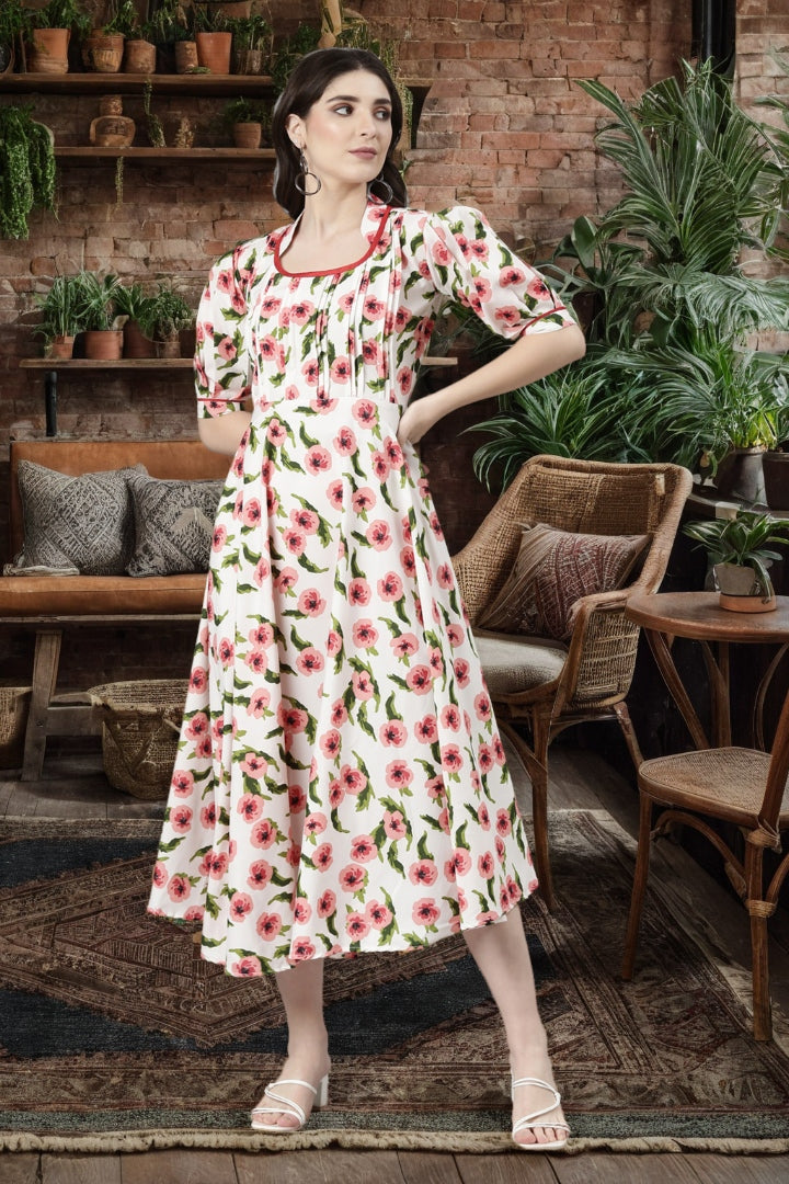Floral Printed Mandarin Collar Puff Sleeve Fit & flare Dress | Souchii