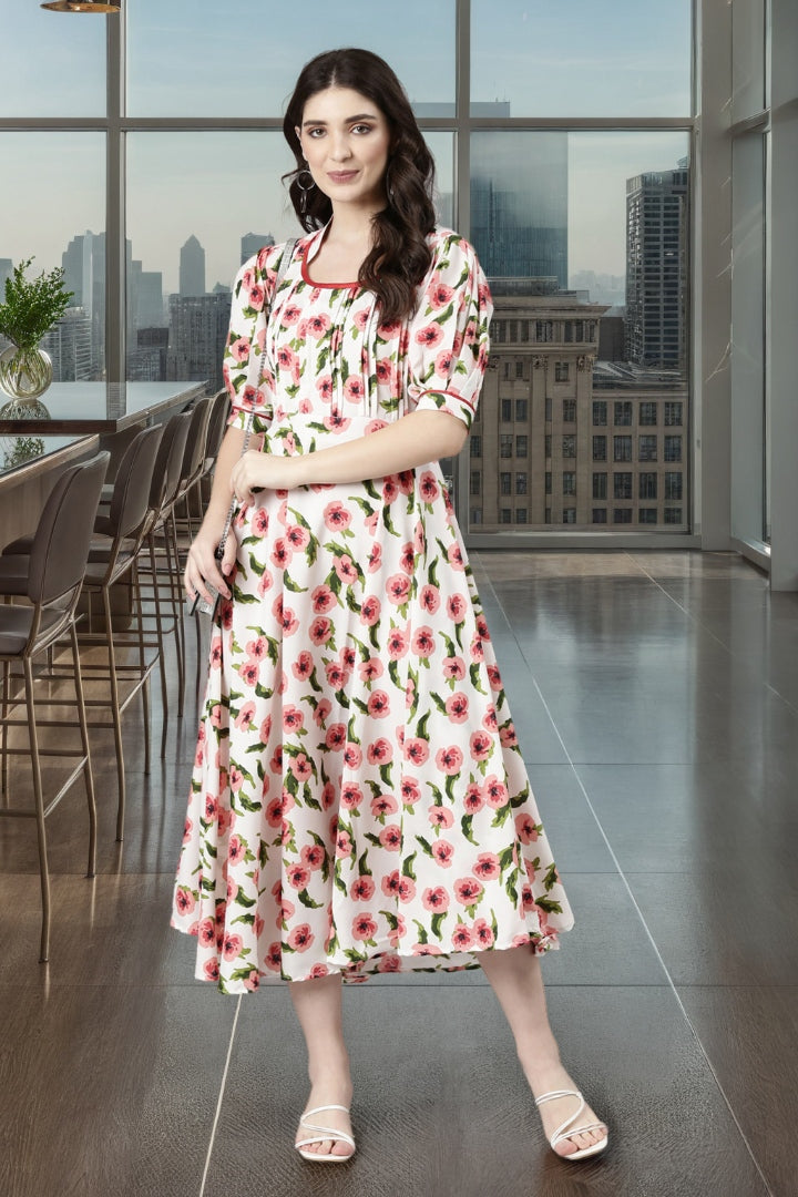 Floral Printed Mandarin Collar Puff Sleeve Fit & flare Dress | Souchii