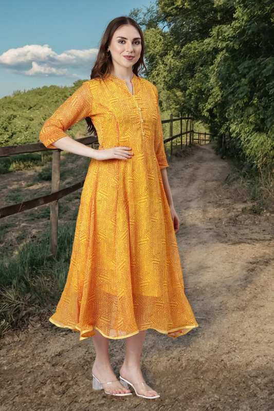 Ethnic Dress – Yellow Abstract Print A-line | Souchii