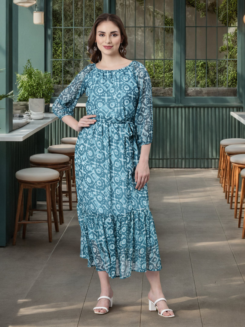 Maxi Dress – Blue Geometric Print Fit & Flare | Souchii