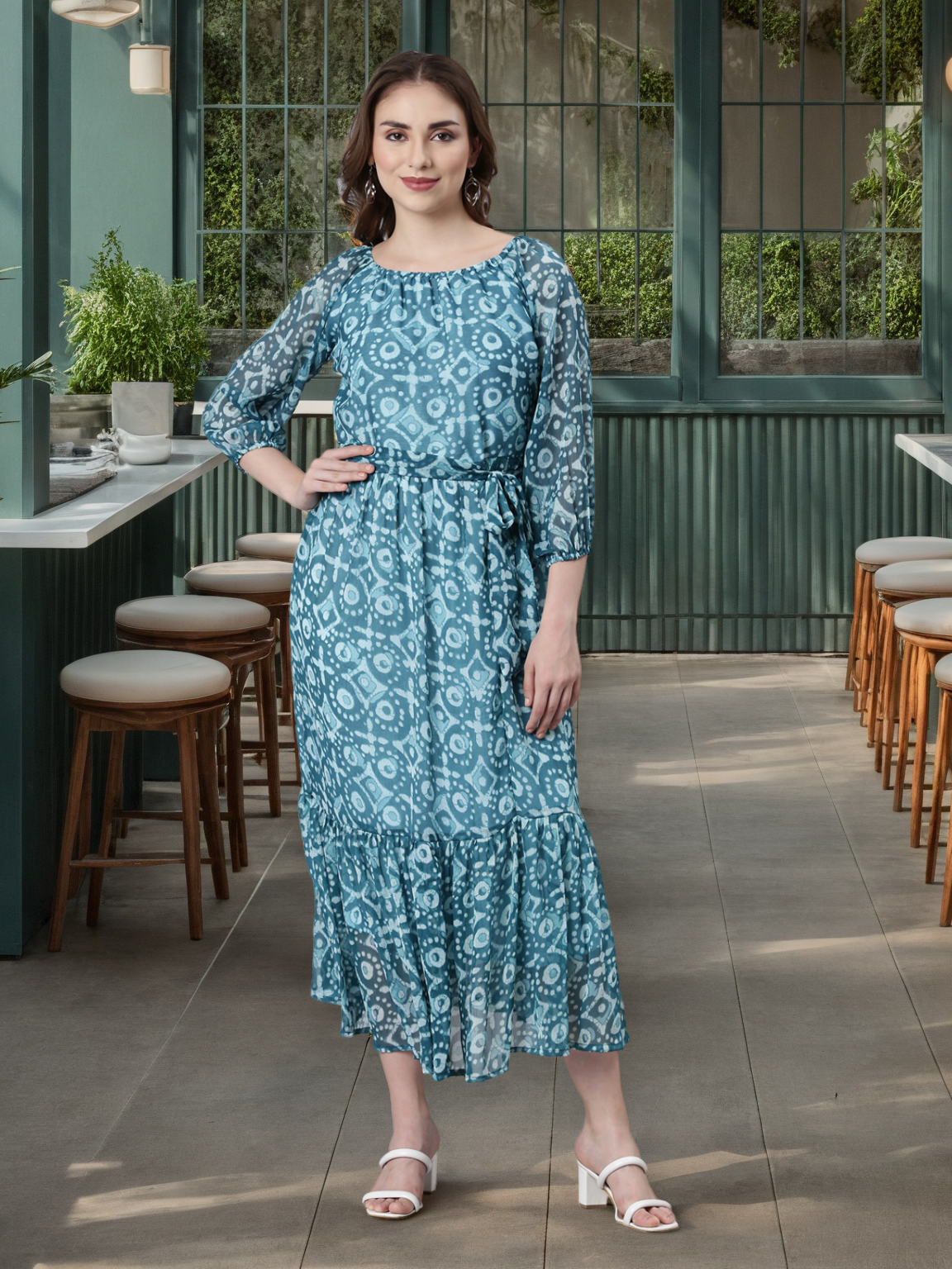 Maxi Dress – Blue Geometric Print Fit & Flare | Souchii