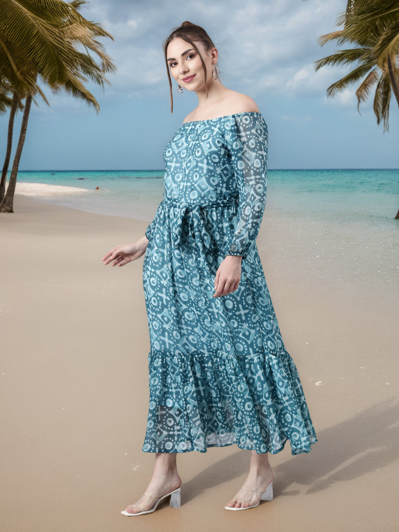 Maxi Dress – Blue Geometric Print Fit & Flare | Souchii