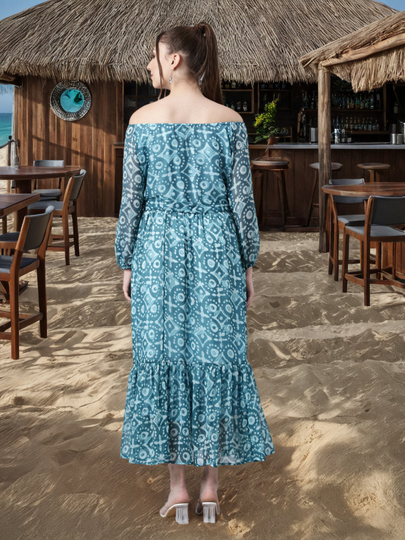 Maxi Dress – Blue Geometric Print Fit & Flare | Souchii