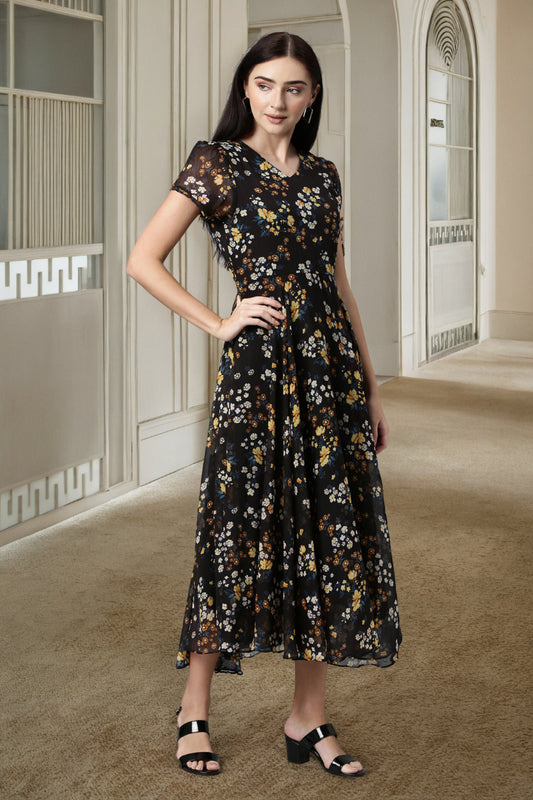 Maxi Dress – Black Floral Printed V-Neck | Souchii