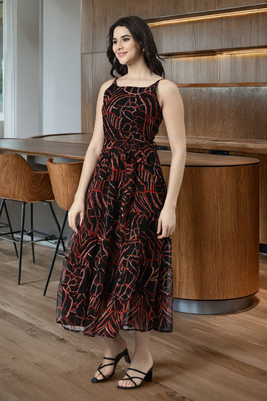 Dress – Black Abstract Printed A-Line Tiered | Souchii