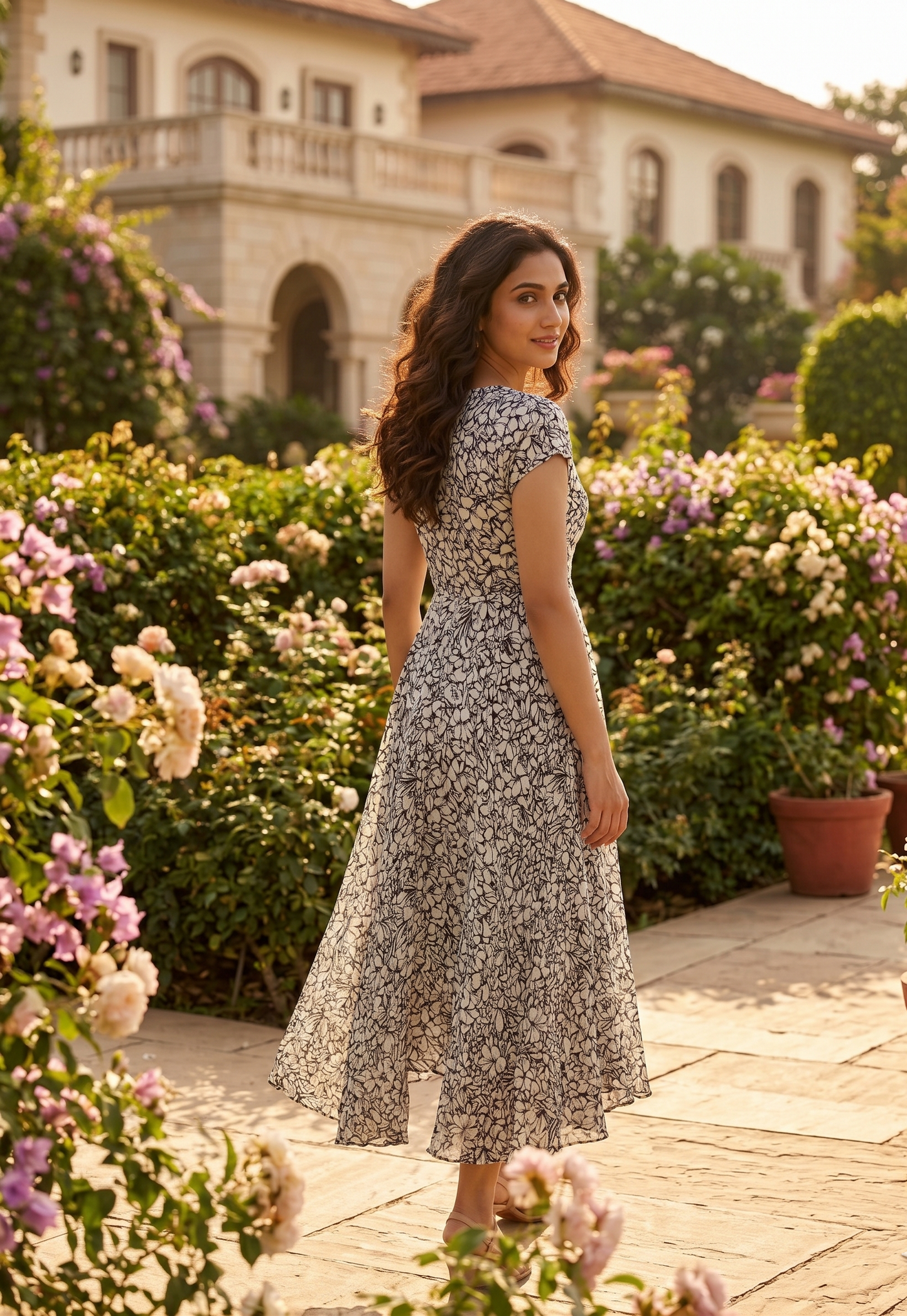 Souchii Black & Ivory Floral Chiffon Dress