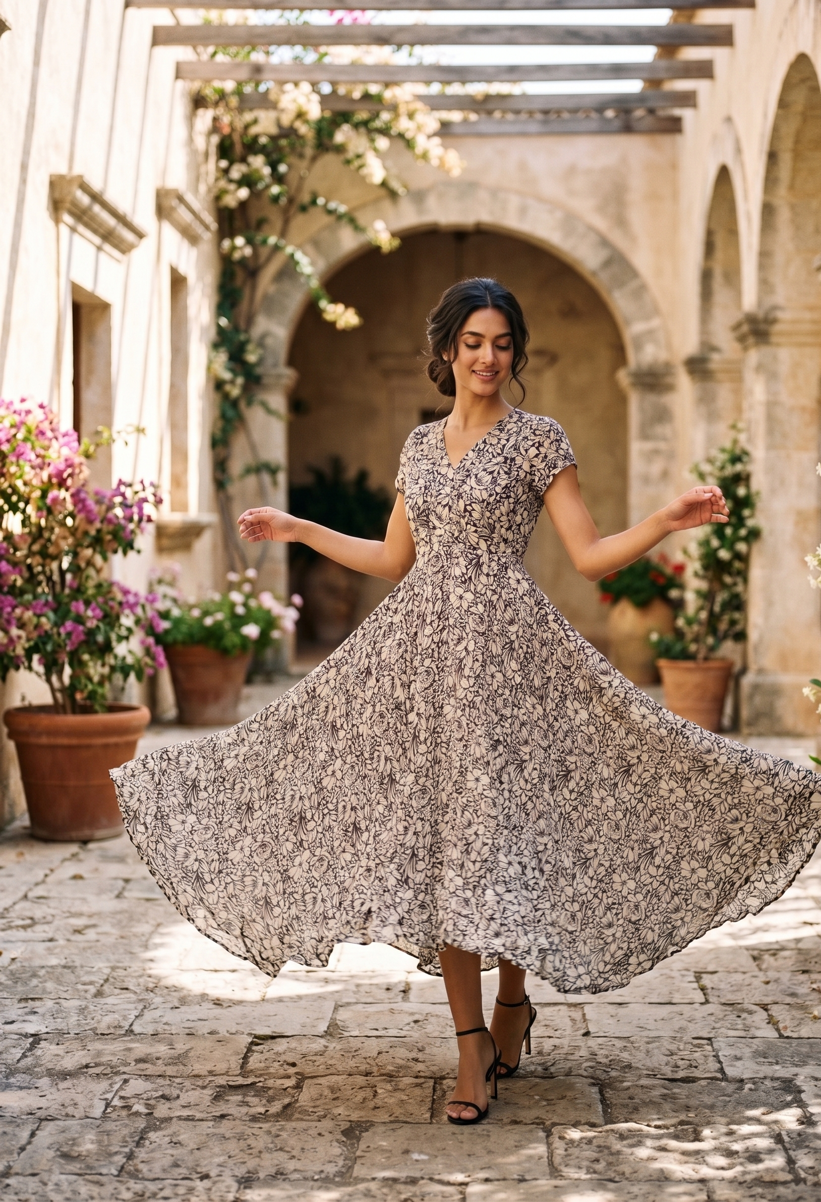 Black & Ivory Floral Chiffon Midi Dress