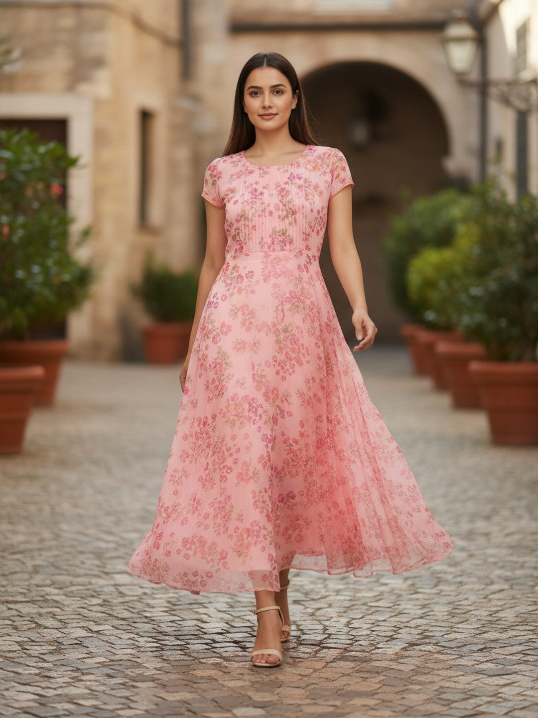 Floral Pink Maxi Flare Dress | Souchii