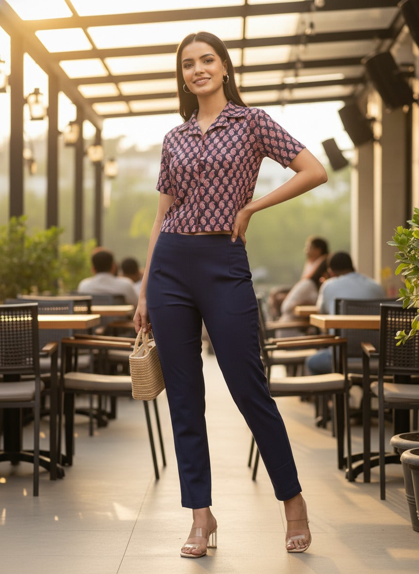Souchii Women’s Navy Blue Rayon Top – Printed Boho Style with Wooden Buttons