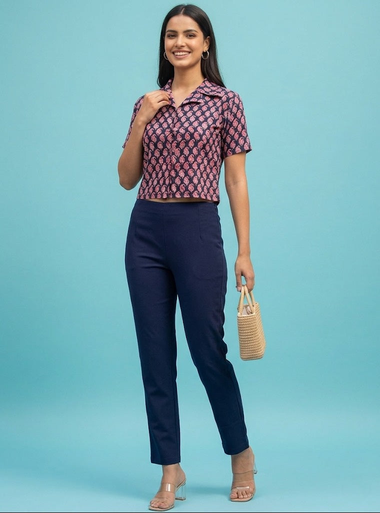 Souchii Women’s Navy Blue Rayon Top – Printed Boho Style with Wooden Buttons