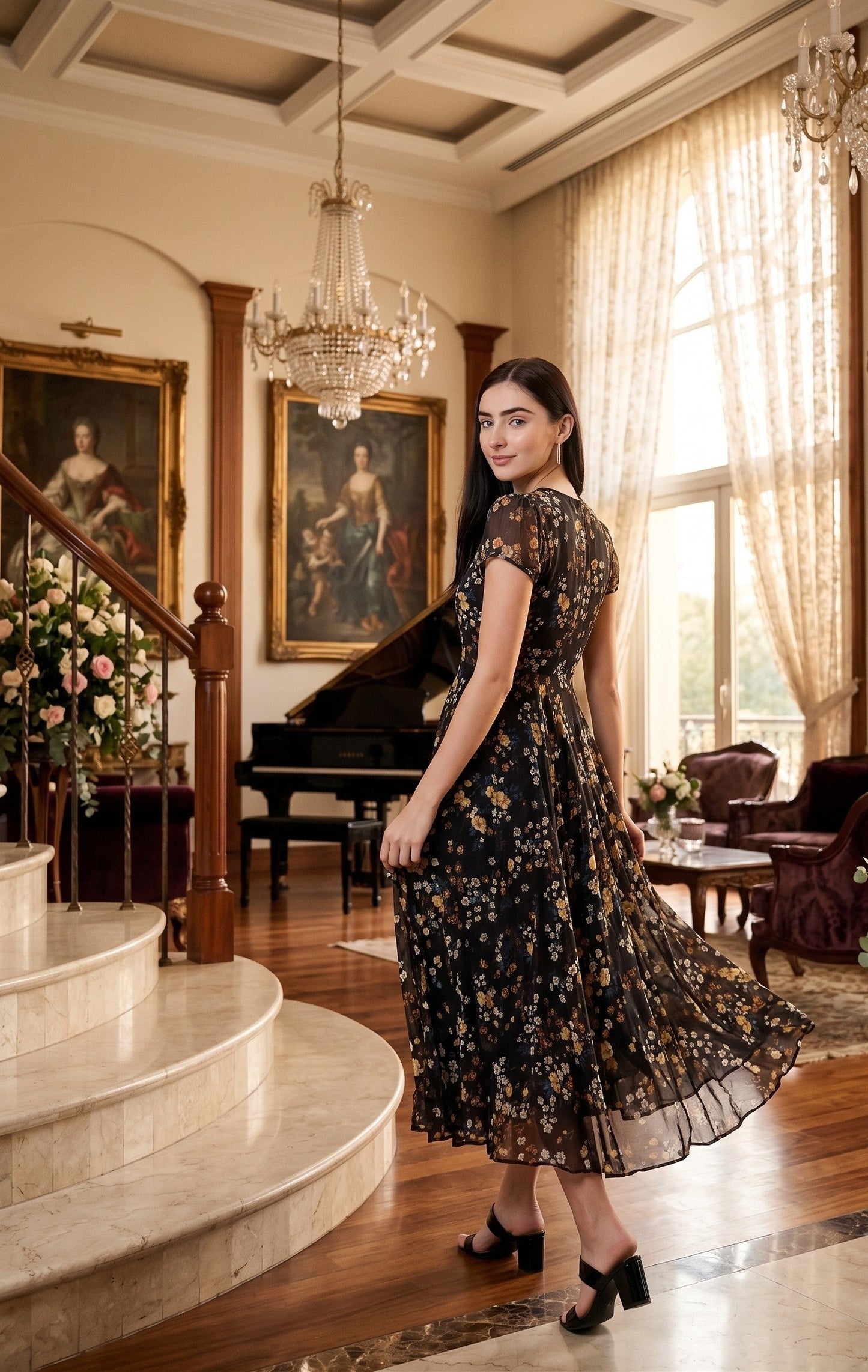 Souchii Women's Black Floral Printed Chiffon Midi Dress | Elegant V-Neck Fit & Flare Party Dress