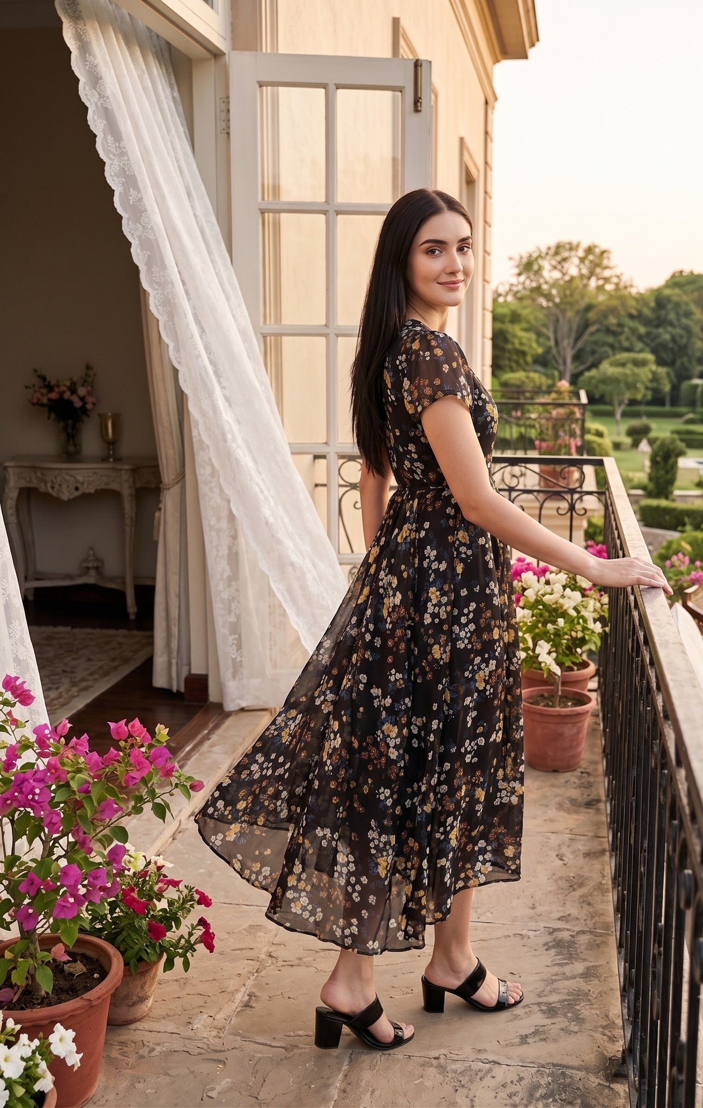 Souchii Women's Black Floral Printed Chiffon Midi Dress | Elegant V-Neck Fit & Flare Party Dress
