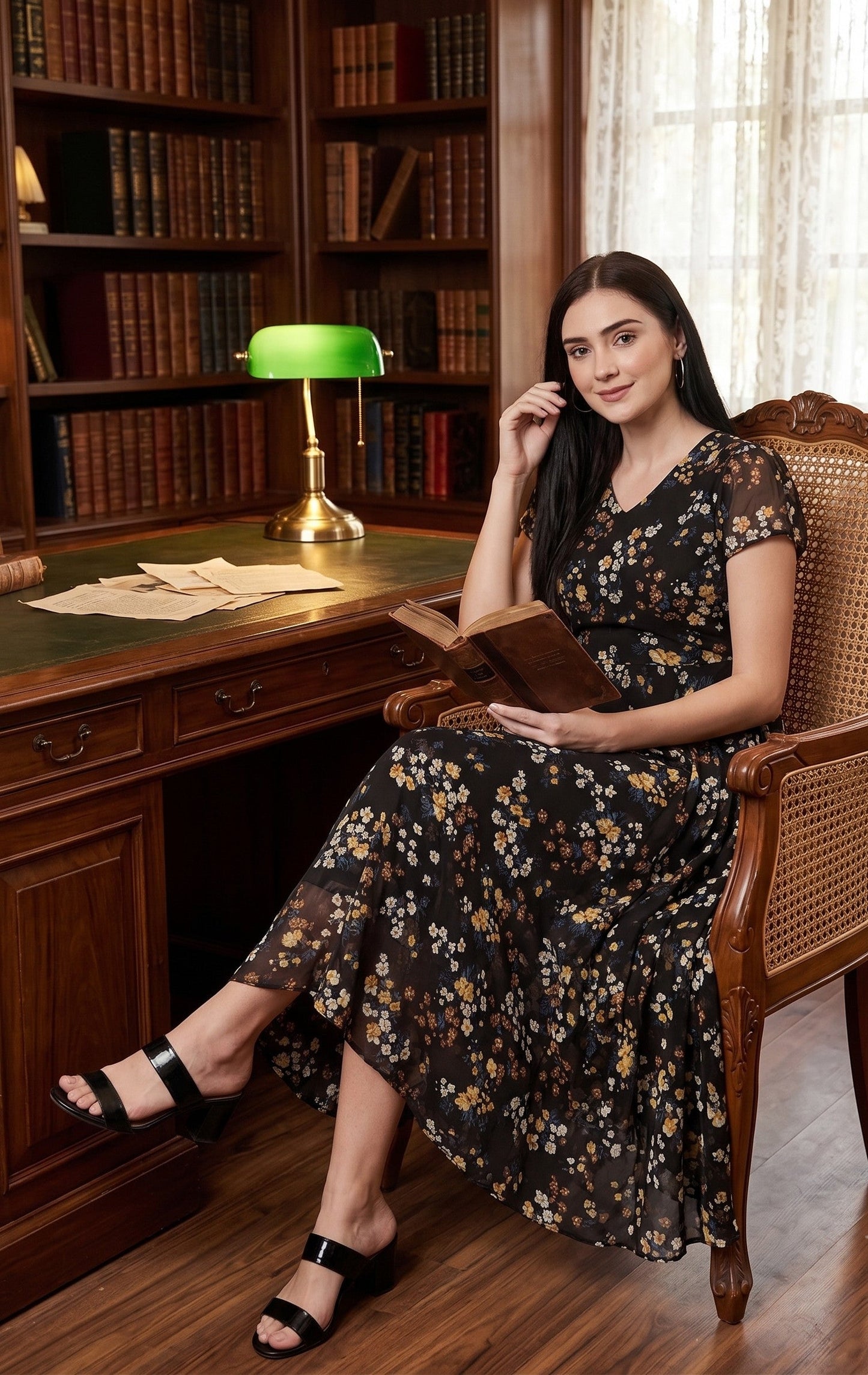 Souchii Women's Black Floral Printed Chiffon Midi Dress | Elegant V-Neck Fit & Flare Party Dress