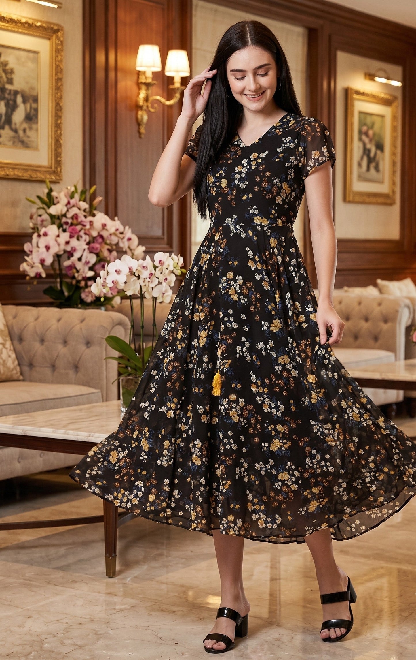 Souchii Women's Black Floral Printed Chiffon Midi Dress | Elegant V-Neck Fit & Flare Party Dress