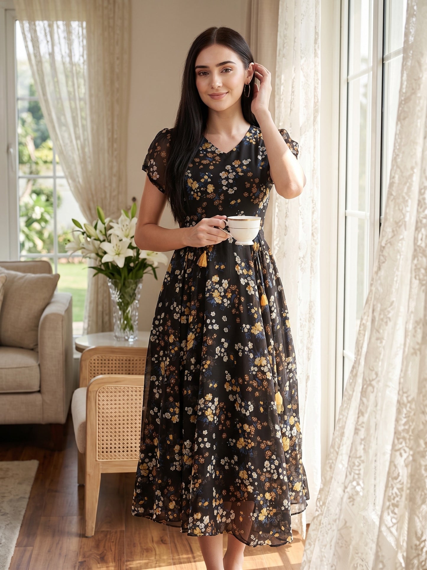 Souchii Women's Black Floral Printed Chiffon Midi Dress | Elegant V-Neck Fit & Flare Party Dress