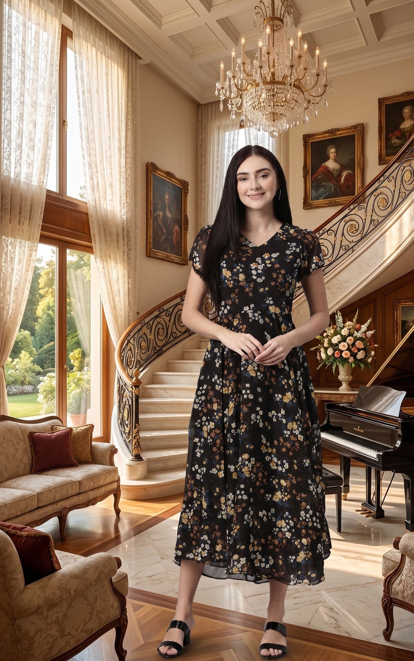 Souchii Women's Black Floral Printed Chiffon Midi Dress | Elegant V-Neck Fit & Flare Party Dress