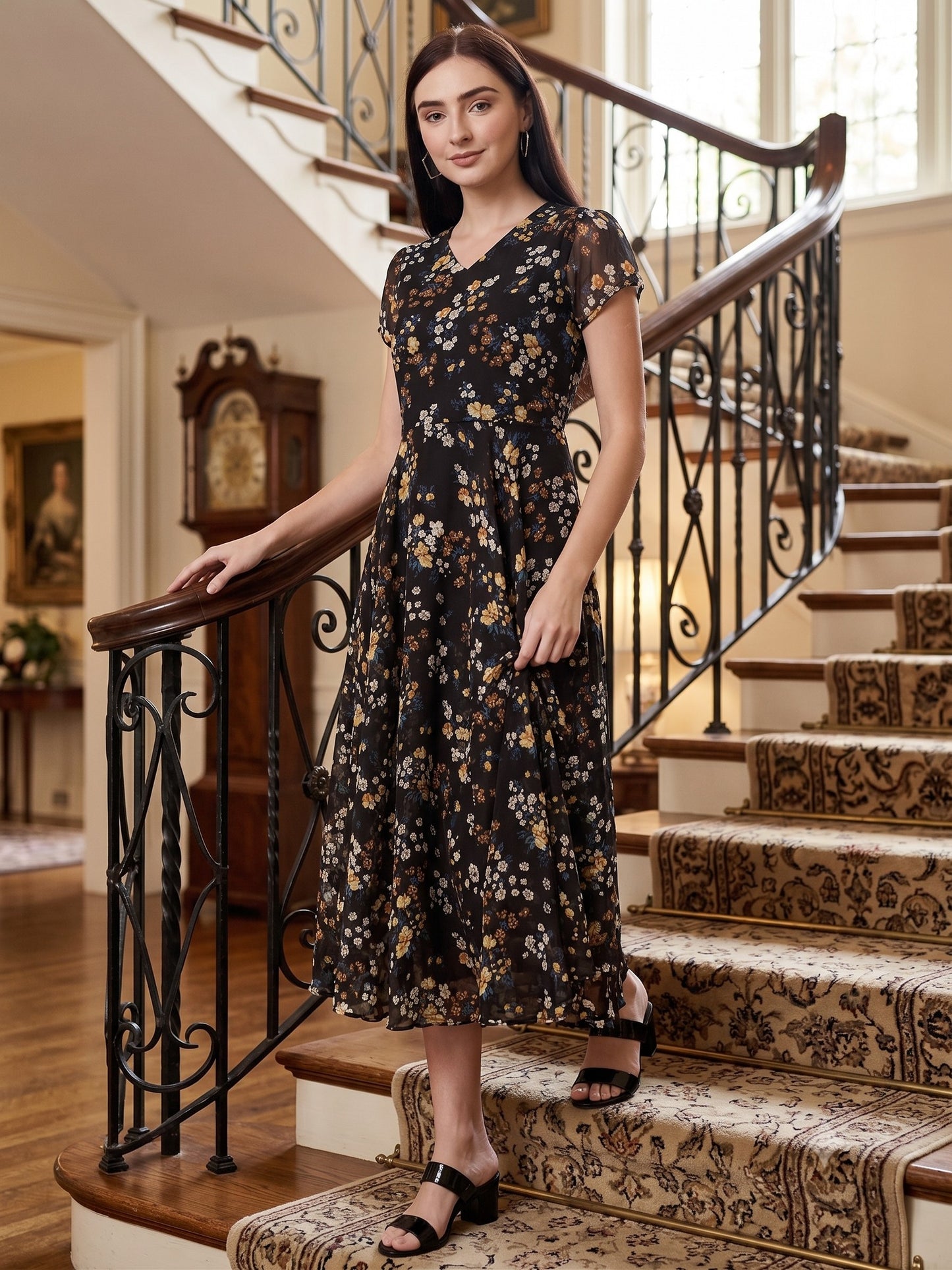 Souchii Women's Black Floral Printed Chiffon Midi Dress | Elegant V-Neck Fit & Flare Party Dress