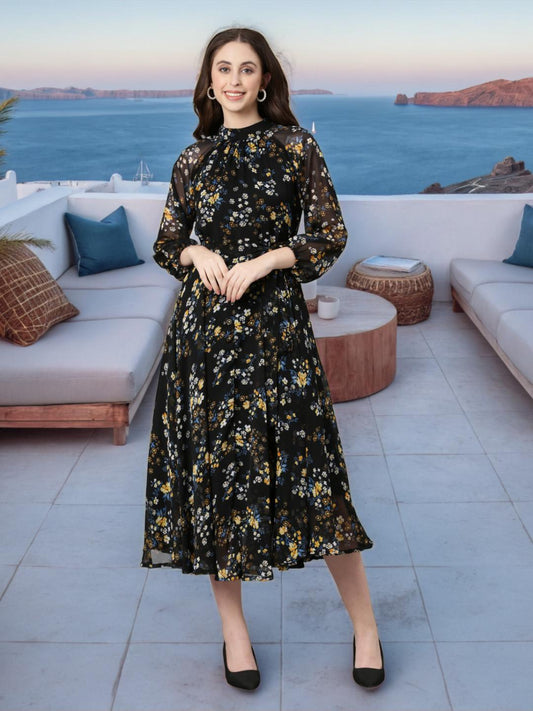 Fit & Flare Dress – Black Printed Chiffon | Souchii