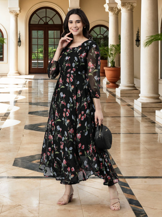 Fit & Flare Dress – Black Floral Printed Ethnic | Souchii