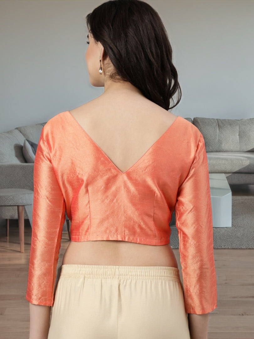 Peach Dupion Silk Knot V-Neck Blouse | Souchii