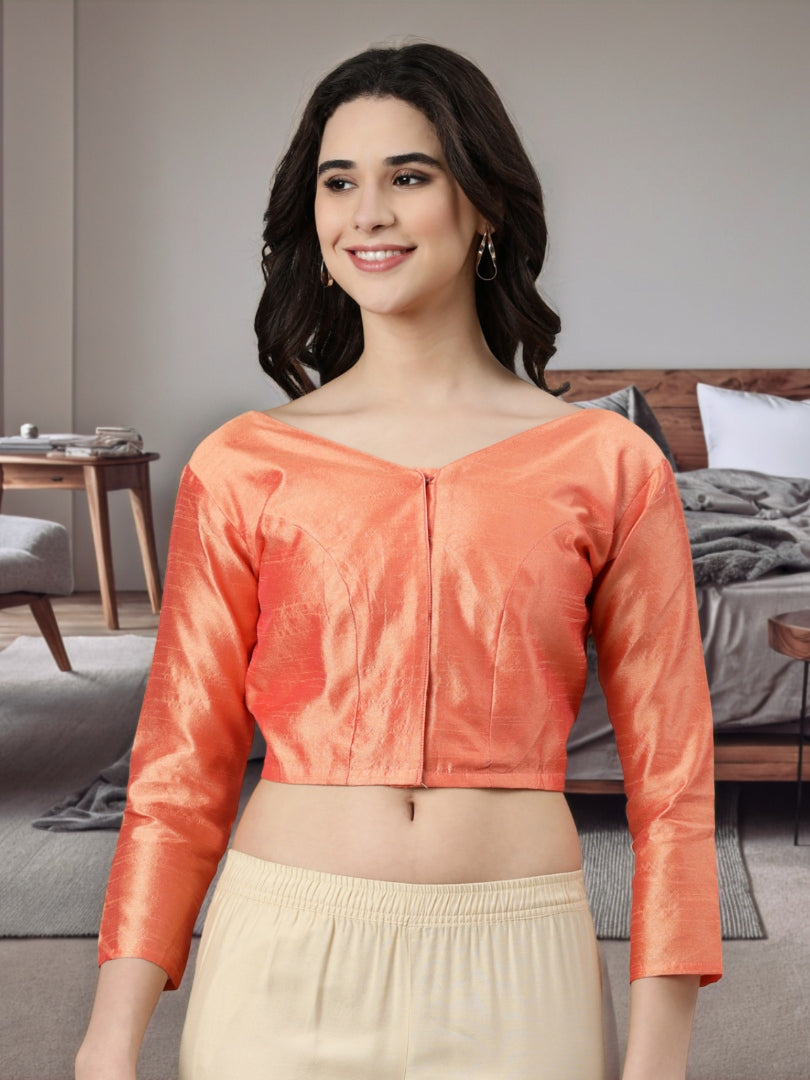 Peach Dupion Silk Knot V-Neck Blouse | Souchii