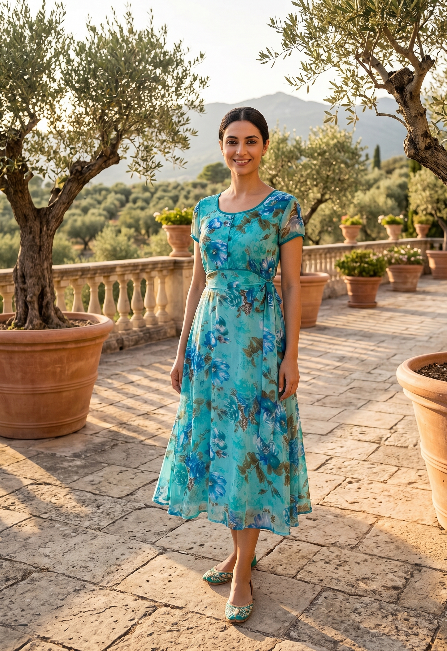 Souchii Women’s Blue Floral Chiffon Midi Dress – Flowy Fit & Flare Summer Dress with Soft Lining | Elegant Vacation & Brunch Wear