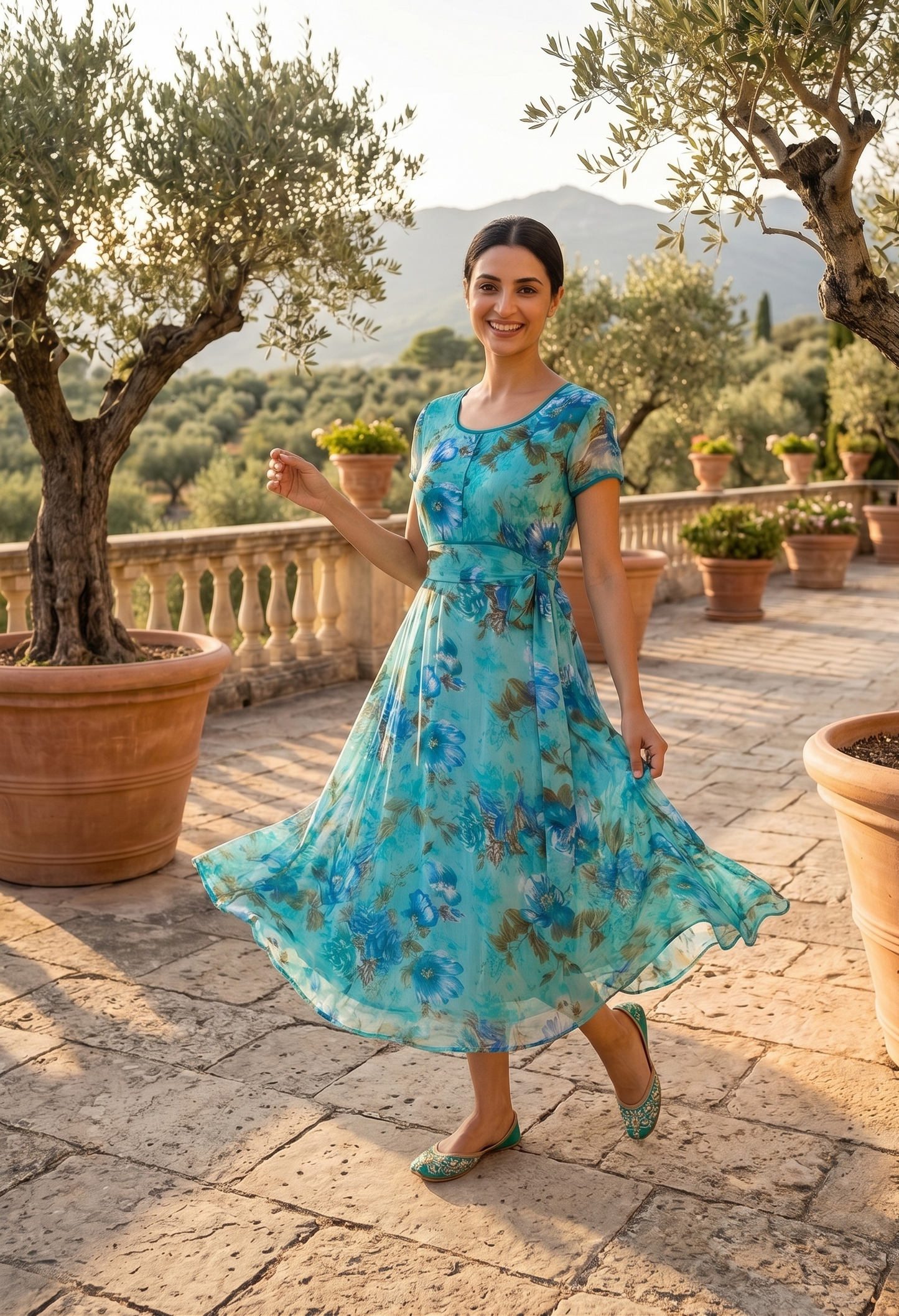 Souchii Women’s Blue Floral Chiffon Midi Dress – Flowy Fit & Flare Summer Dress with Soft Lining | Elegant Vacation & Brunch Wear