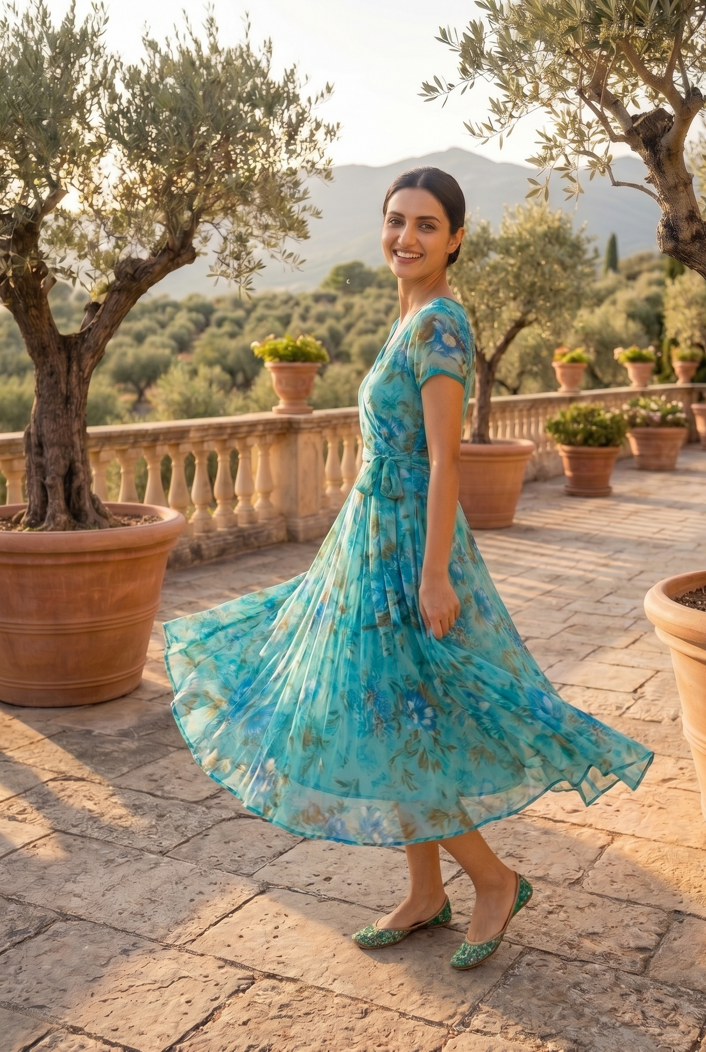 Souchii Women’s Blue Floral Chiffon Midi Dress – Flowy Fit & Flare Summer Dress with Soft Lining | Elegant Vacation & Brunch Wear
