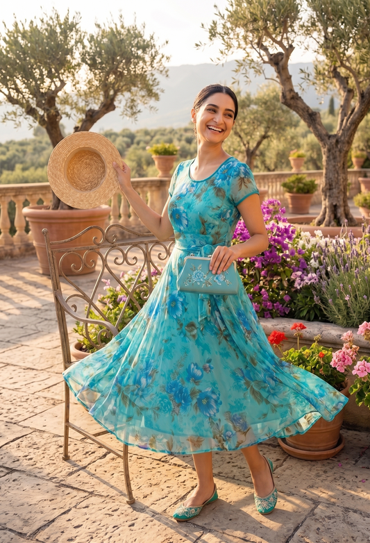 Souchii Women’s Blue Floral Chiffon Midi Dress – Flowy Fit & Flare Summer Dress with Soft Lining | Elegant Vacation & Brunch Wear