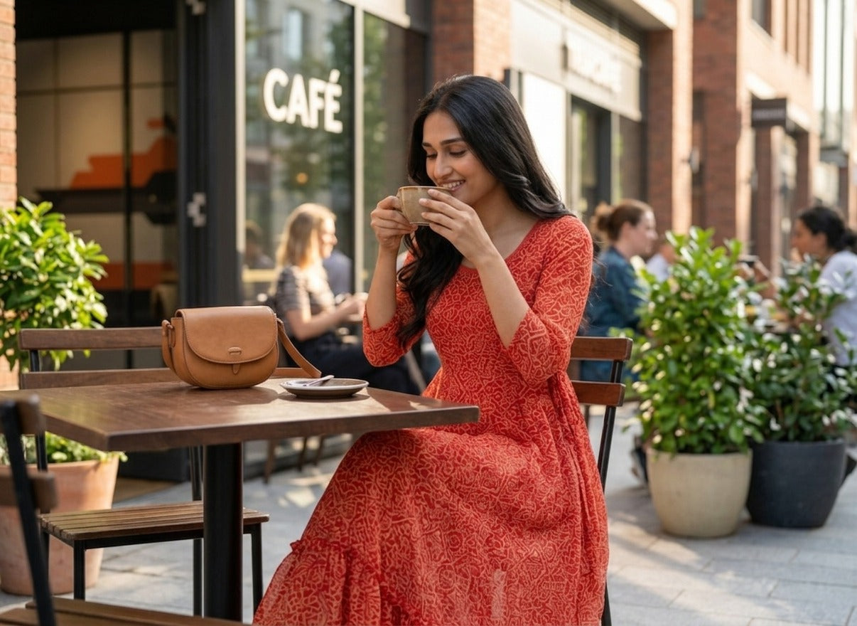 Souchii Women’s Red Printed Midi Dress – Fit & Flare Tiered Dress with 3/4 Sleeves, Casual Summer & Brunch Wear