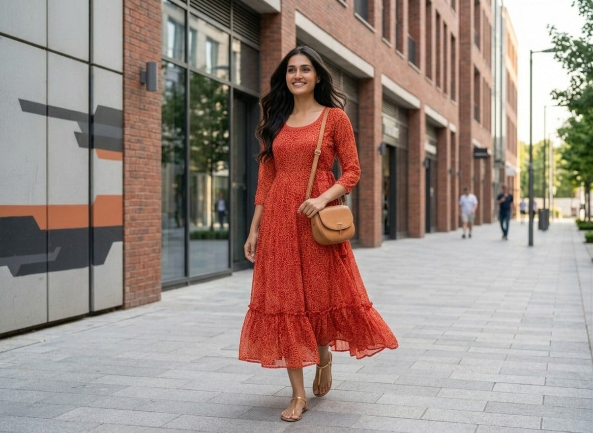 Souchii Women’s Red Printed Midi Dress – Fit & Flare Tiered Dress with 3/4 Sleeves, Casual Summer & Brunch Wear