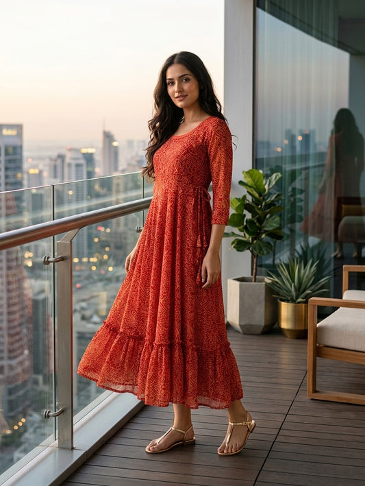 Souchii Women’s Red Printed Midi Dress – Fit & Flare Tiered Dress with 3/4 Sleeves, Casual Summer & Brunch Wear