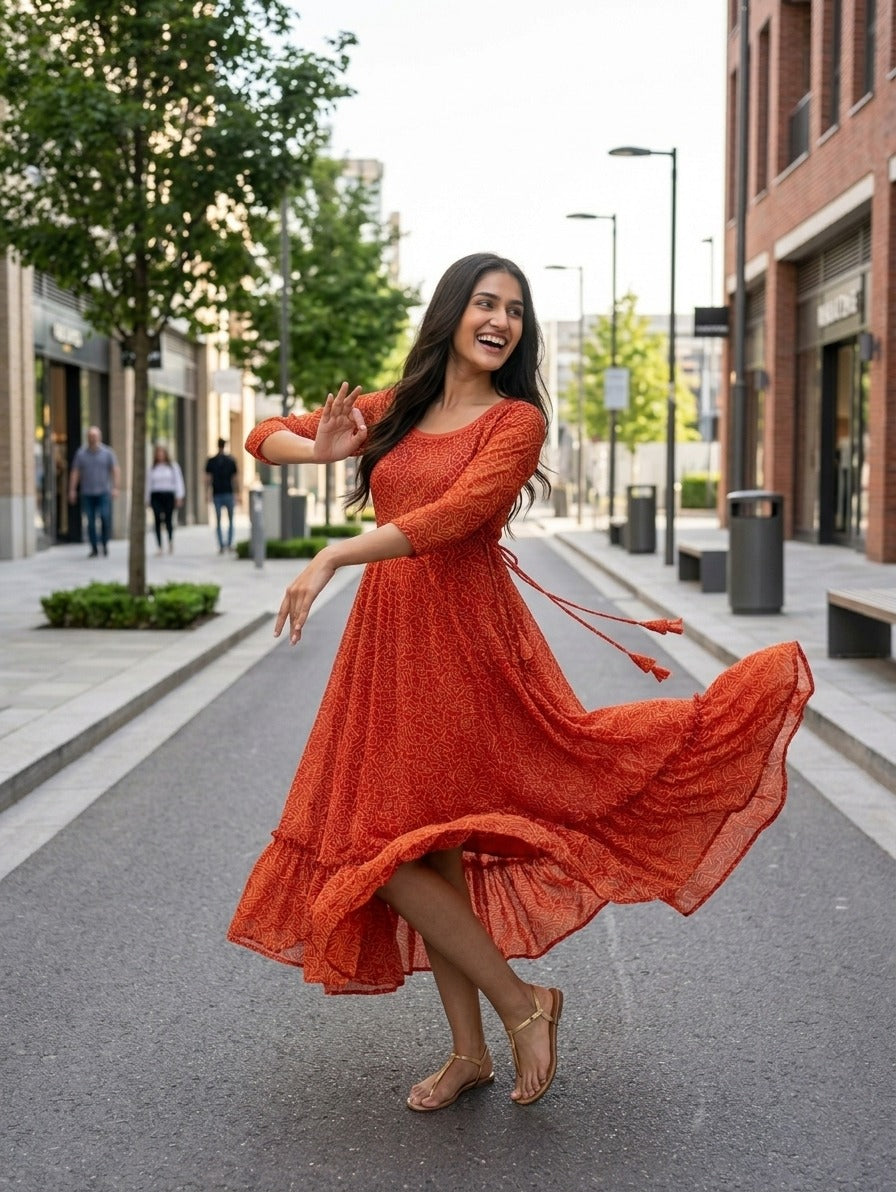 Souchii Women’s Red Printed Midi Dress – Fit & Flare Tiered Dress with 3/4 Sleeves, Casual Summer & Brunch Wear