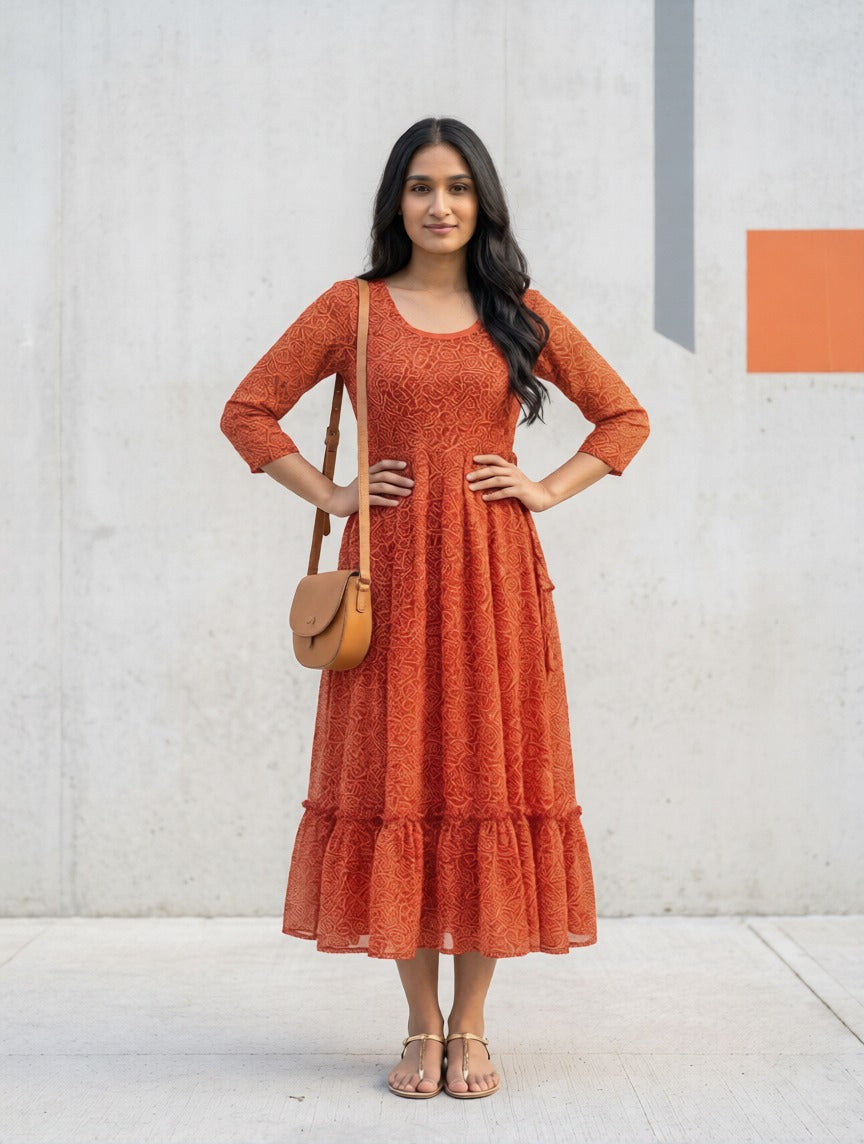 Souchii Women’s Red Printed Midi Dress – Fit & Flare Tiered Dress with 3/4 Sleeves, Casual Summer & Brunch Wear