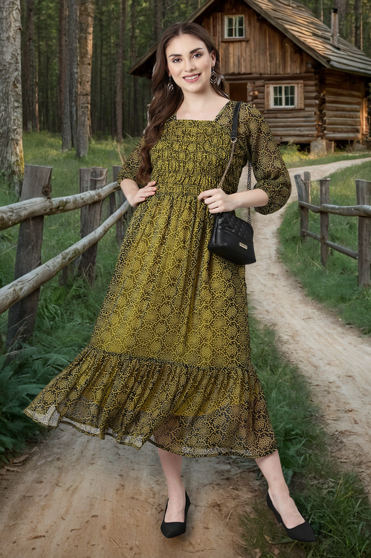 Fit & Flare Dress – Black and Yellow Bandhani Printed Ethnic | Souchii