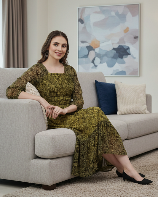 Fit & Flare Dress – Black and Yellow Bandhani Printed Ethnic | Souchii