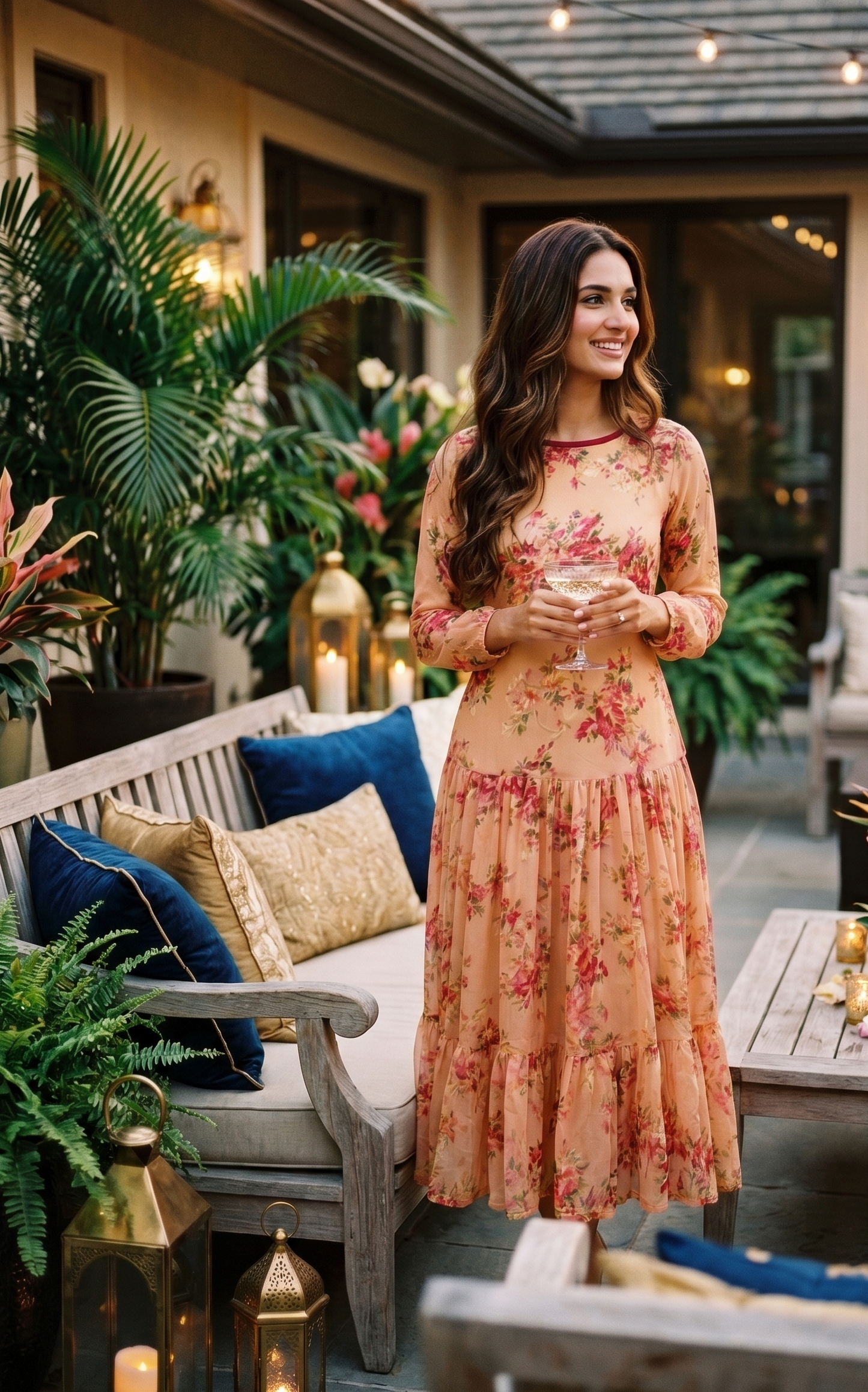 Souchii Peach Floral Chiffon Maxi Dress for Women | Elegant Long Sleeve Party & Occasion Wear