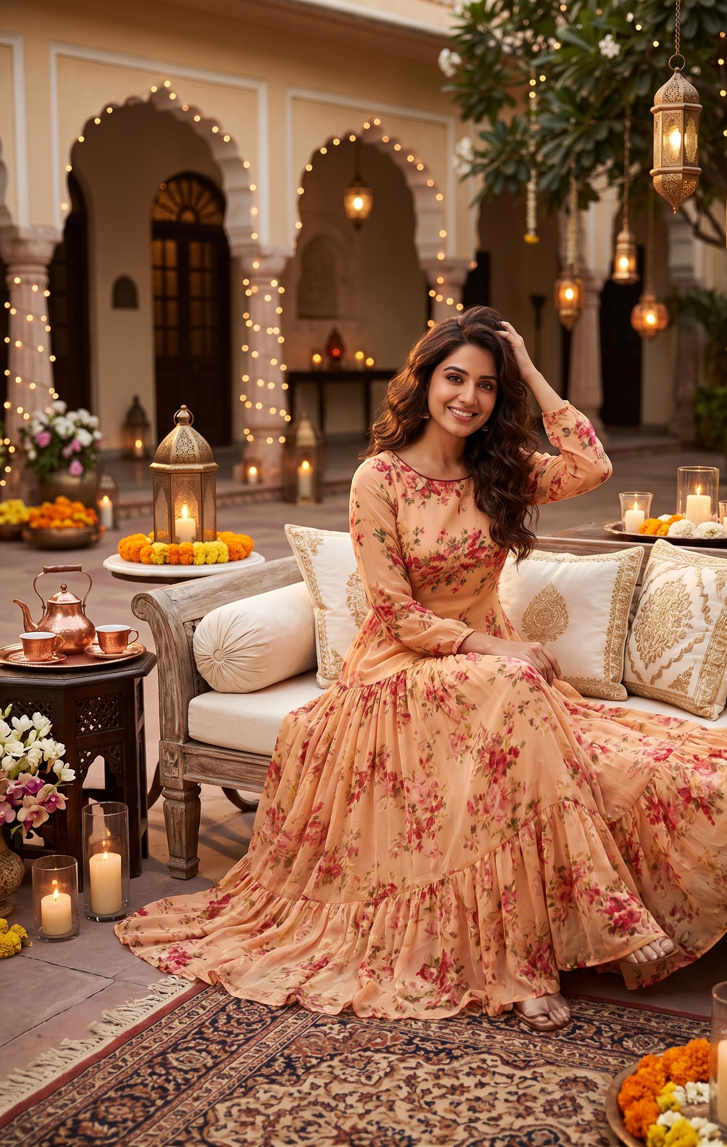Souchii Peach Floral Chiffon Maxi Dress for Women | Elegant Long Sleeve Party & Occasion Wear