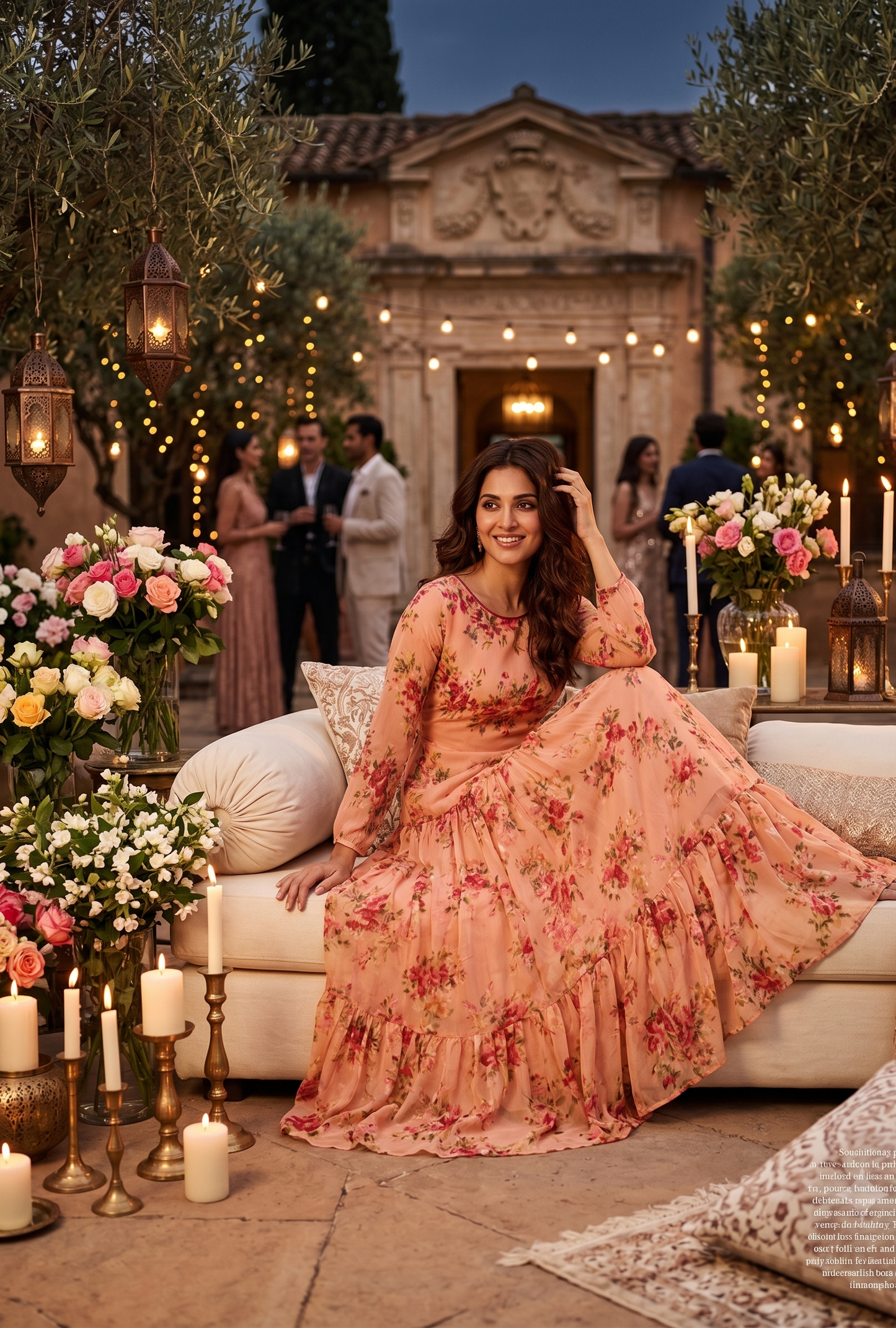 Souchii Peach Floral Chiffon Maxi Dress for Women | Elegant Long Sleeve Party & Occasion Wear