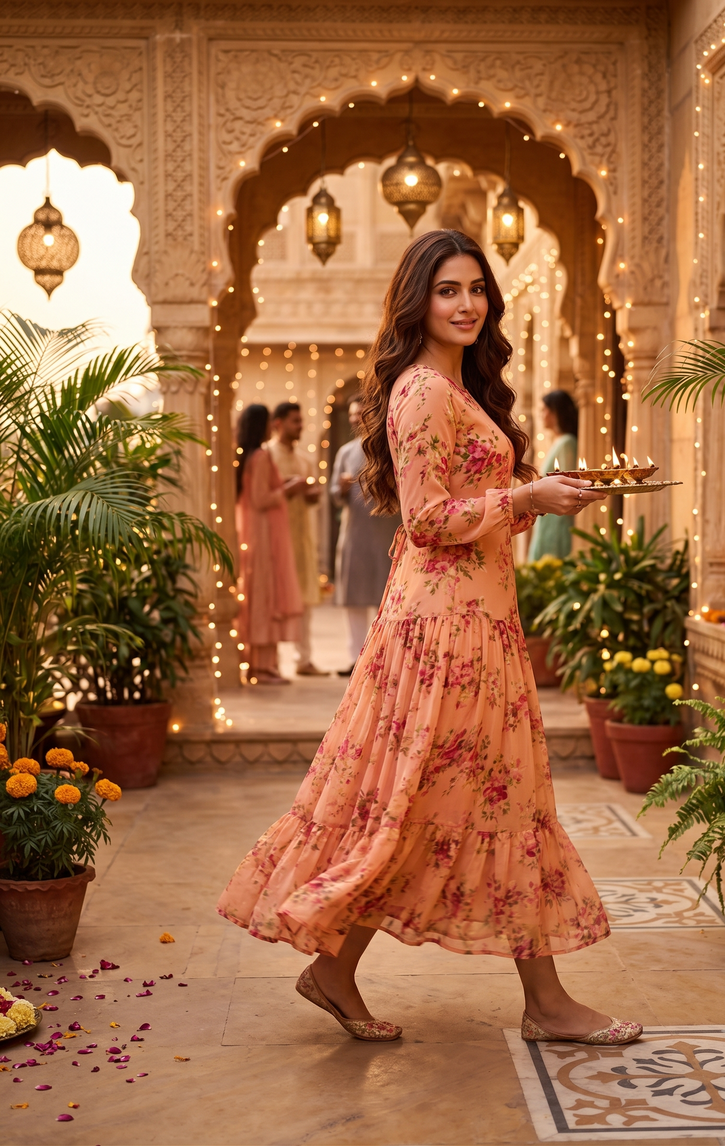 Souchii Peach Floral Chiffon Maxi Dress for Women | Elegant Long Sleeve Party & Occasion Wear