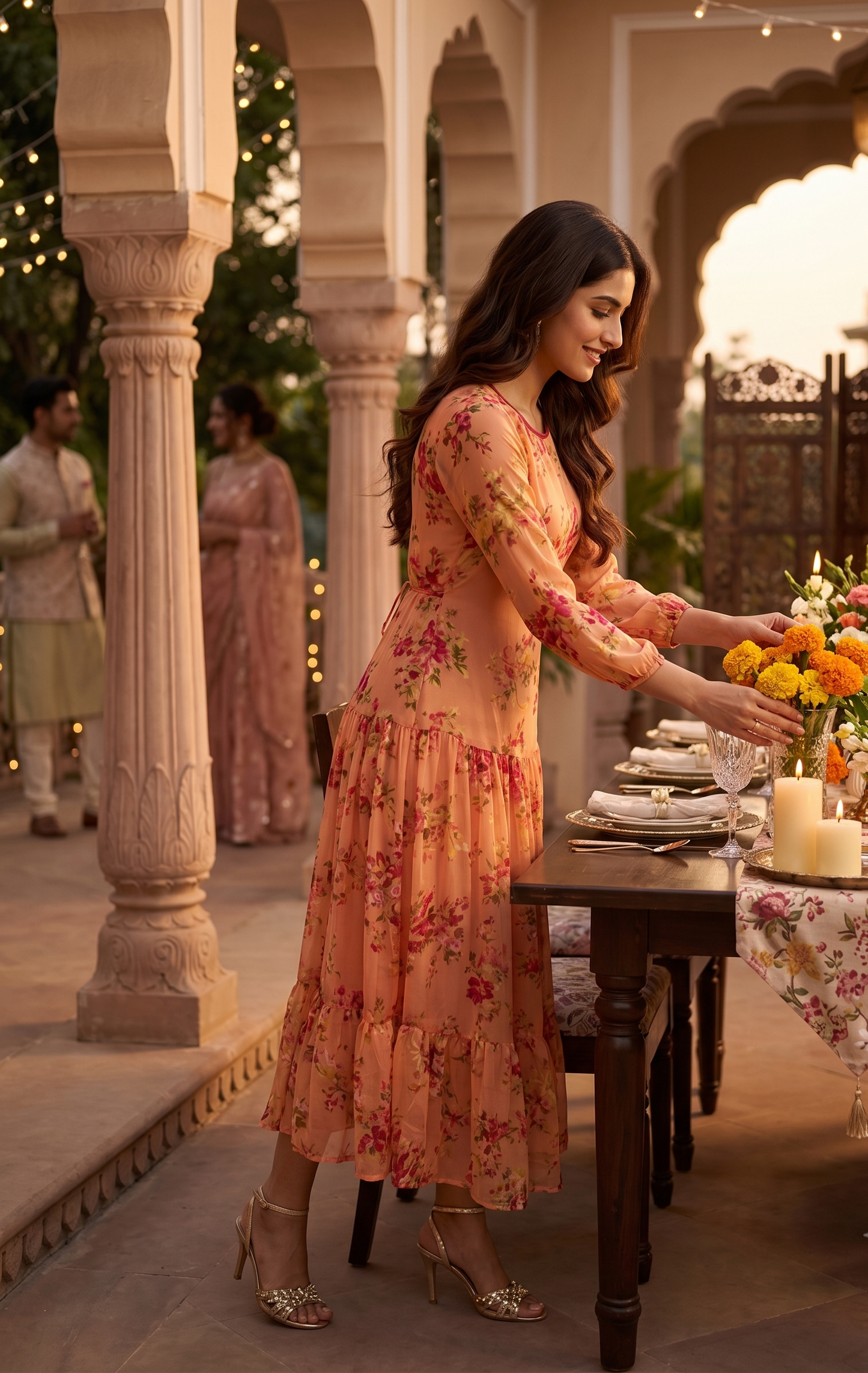 Souchii Peach Floral Chiffon Maxi Dress for Women | Elegant Long Sleeve Party & Occasion Wear