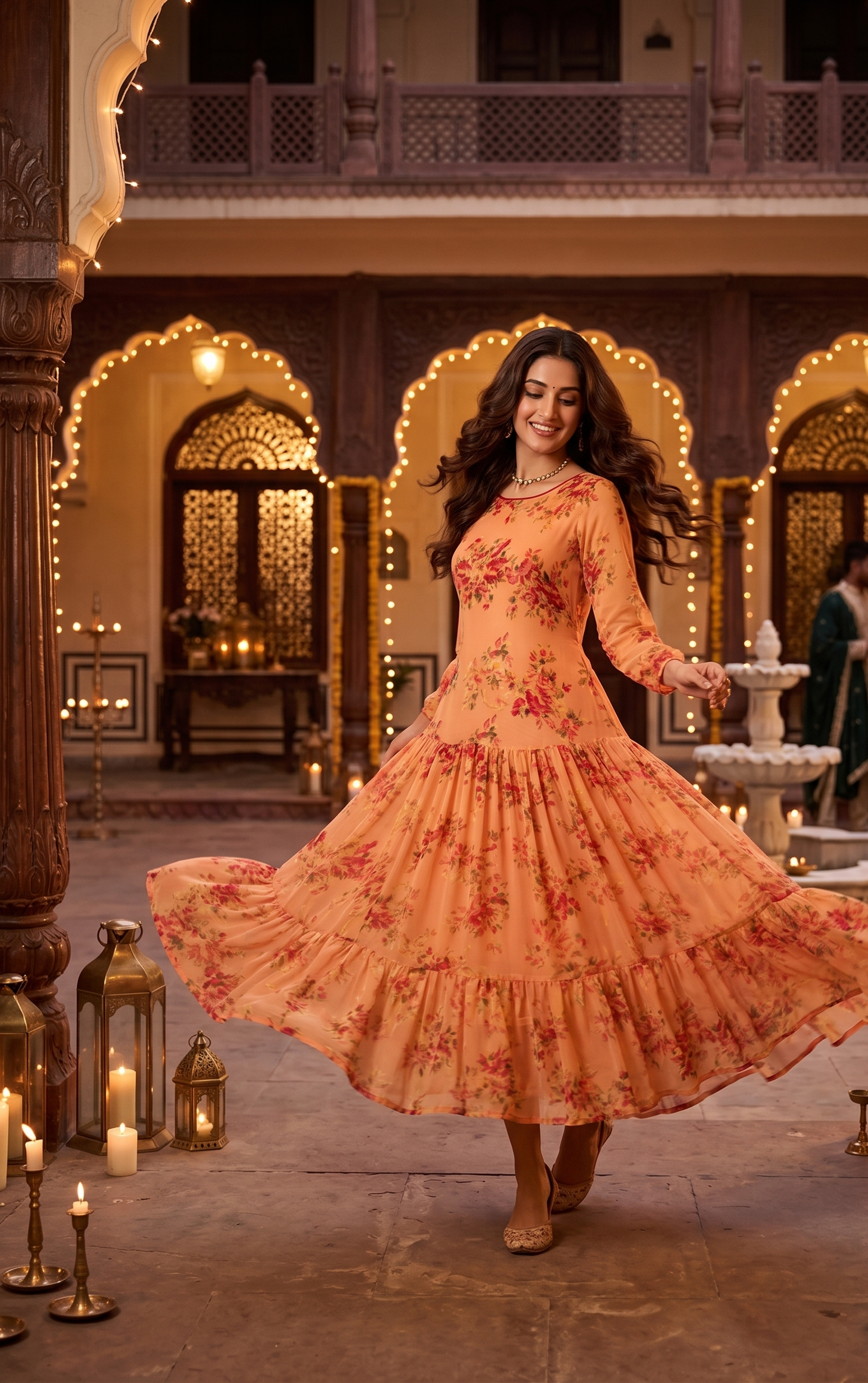 Souchii Peach Floral Chiffon Maxi Dress for Women | Elegant Long Sleeve Party & Occasion Wear