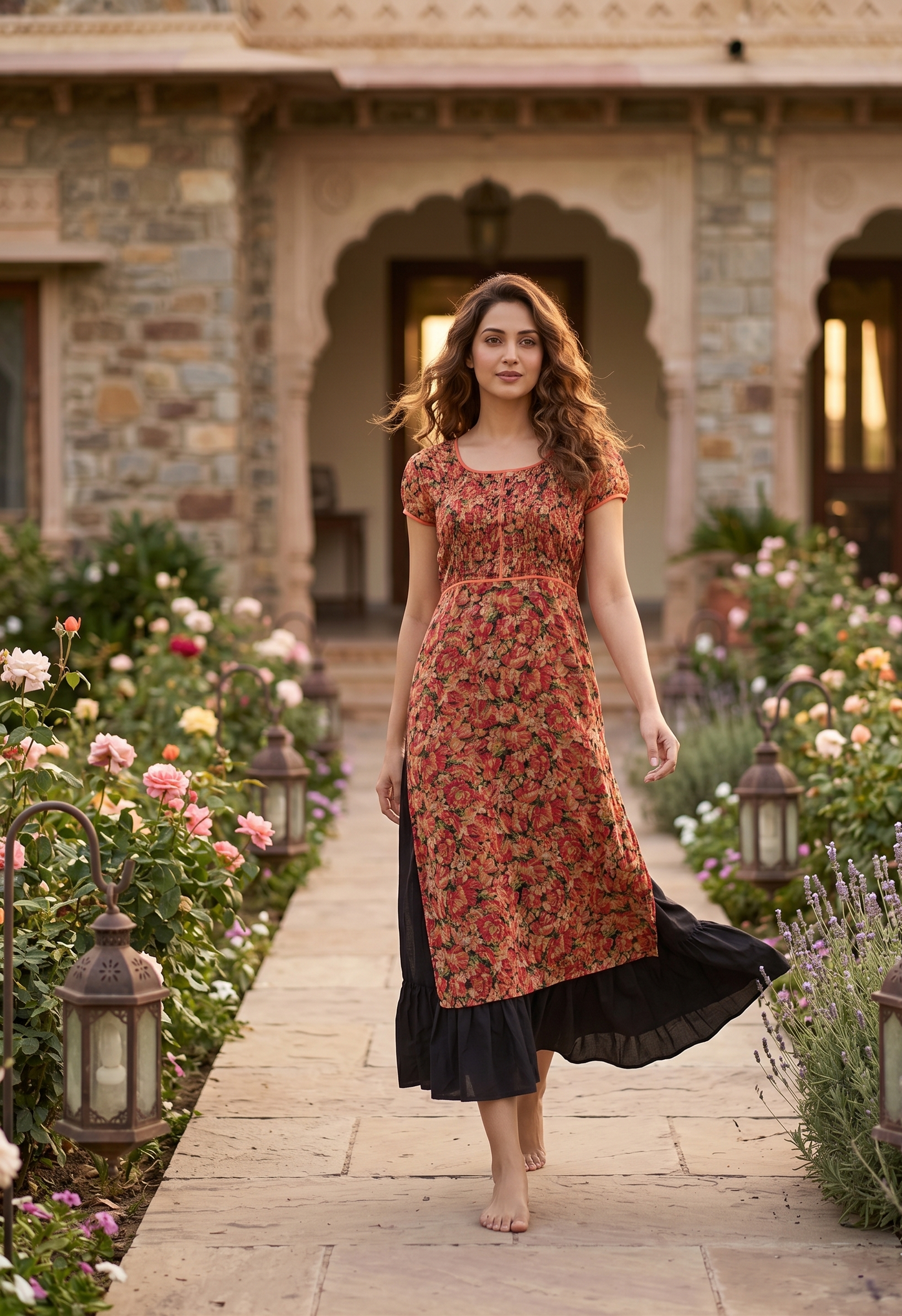 Souchii Women's Floral Printed Layered Midi Dress with Flared Hem