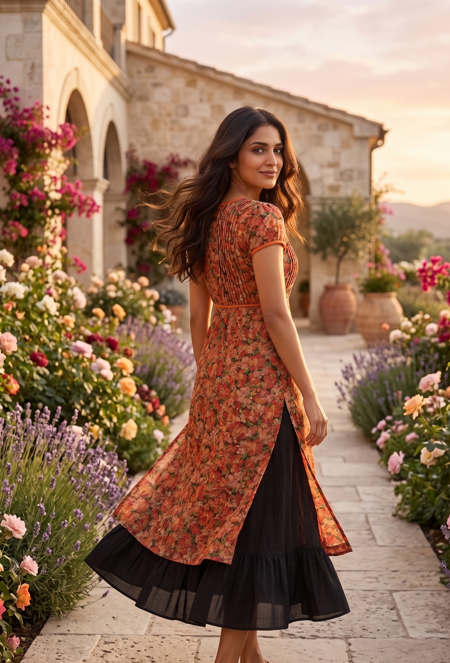 Souchii Women's Floral Printed Layered Midi Dress with Flared Hem