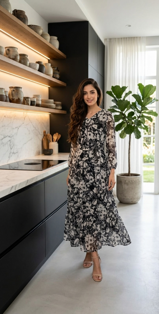 Black & White Floral Printed Chiffon Flared Midi Dress | Souchii