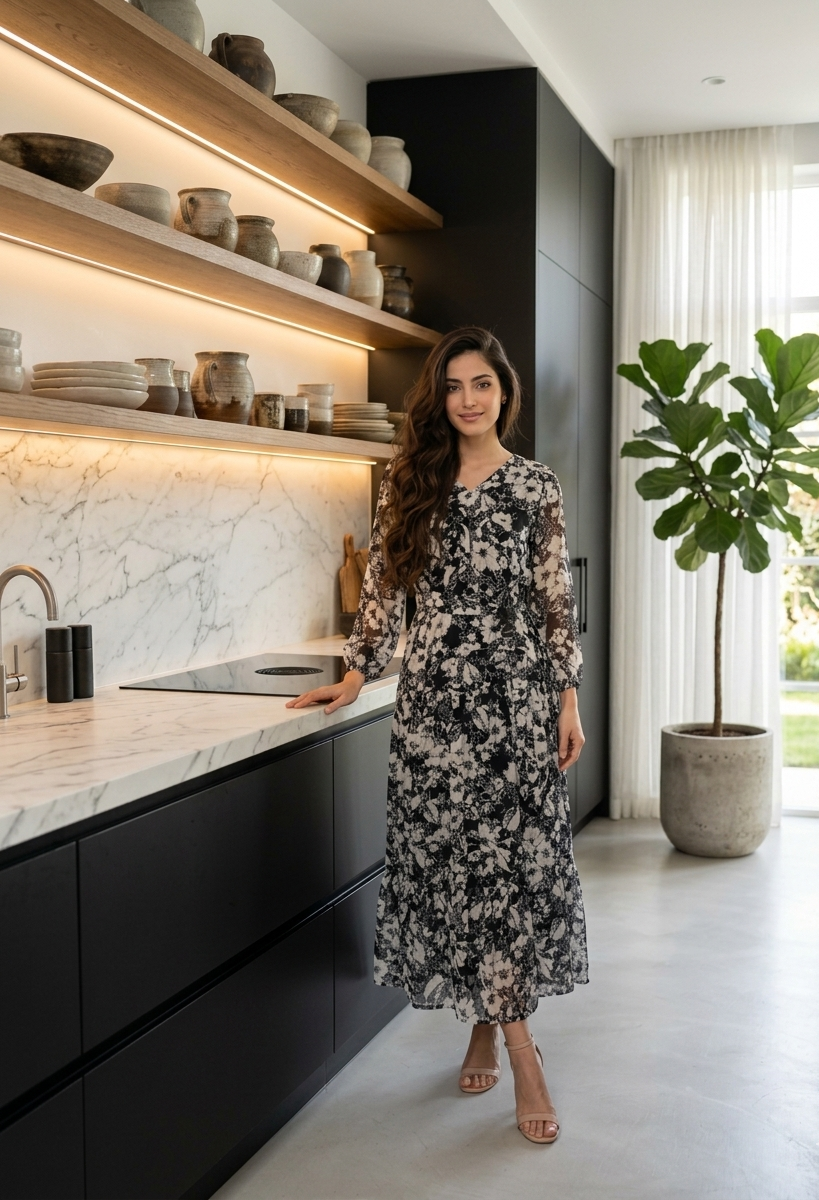 Black & White Floral Printed Chiffon Flared Midi Dress | Souchii