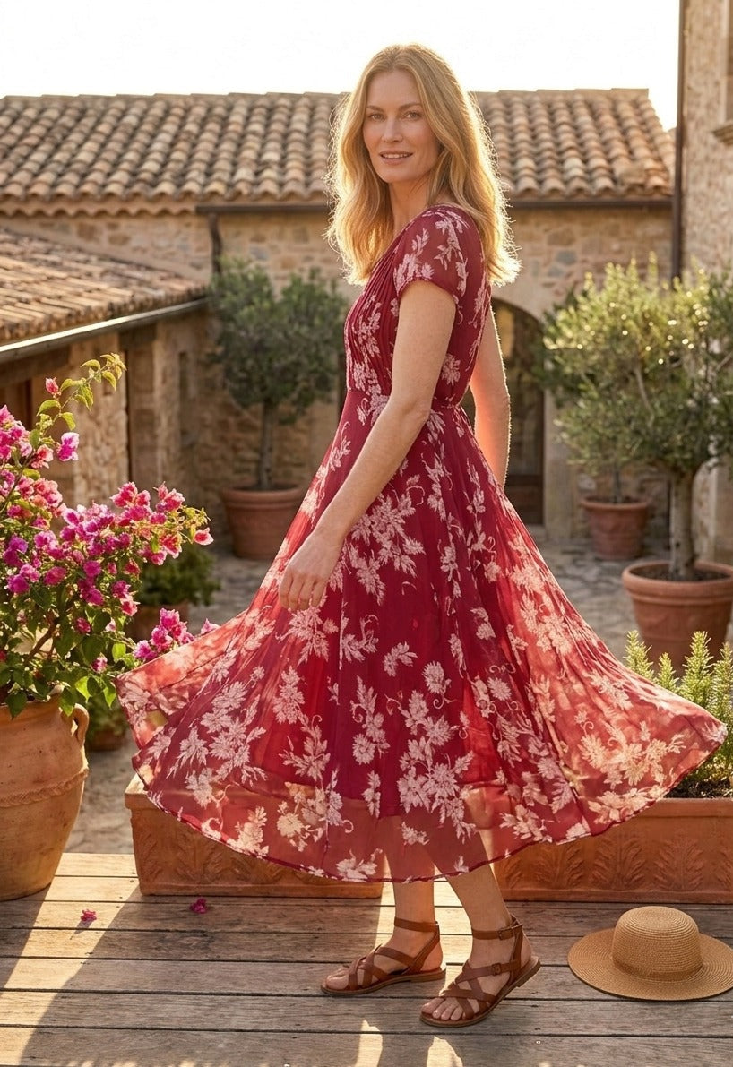 Souchii Women’s Maroon Floral Chiffon Midi Dress – Fit & Flare Flowy Dress with Short Sleeves | Elegant Summer & Occasion Wear
